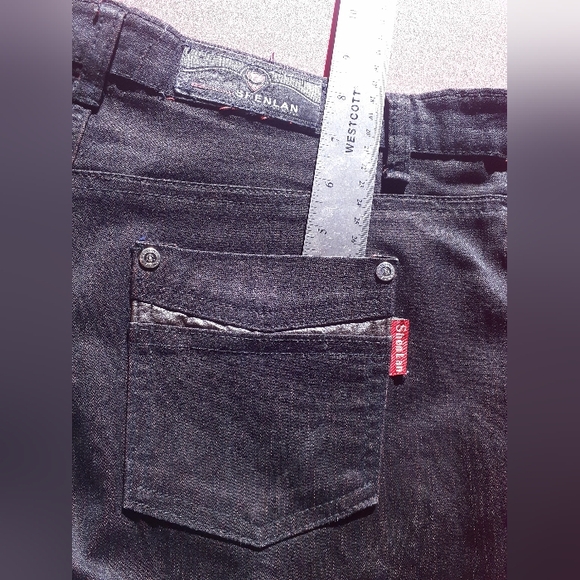 Embellished wide leg pleated jeans w/ leather pockets - Picture 11 of 13